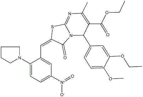 ethyl 5-(3-ethoxy-4-methoxyphenyl)-2-[5-nitro-2-(1-pyrrolidinyl)benzylidene]-7-methyl-3-oxo-2,3-dihydro-5H-[1,3]thiazolo[3,2-a]pyrimidine-6-carboxylate Struktur