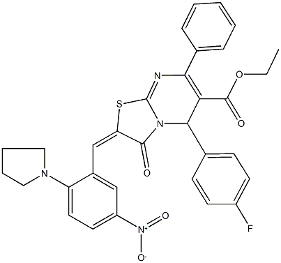 ethyl 5-(4-fluorophenyl)-2-[5-nitro-2-(1-pyrrolidinyl)benzylidene]-3-oxo-7-phenyl-2,3-dihydro-5H-[1,3]thiazolo[3,2-a]pyrimidine-6-carboxylate Struktur