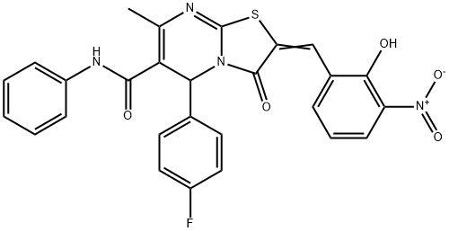 5-(4-fluorophenyl)-2-{2-hydroxy-3-nitrobenzylidene}-7-methyl-3-oxo-N-phenyl-2,3-dihydro-5H-[1,3]thiazolo[3,2-a]pyrimidine-6-carboxamide Struktur