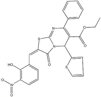 ethyl 2-{2-hydroxy-3-nitrobenzylidene}-3-oxo-7-phenyl-5-(2-thienyl)-2,3-dihydro-5H-[1,3]thiazolo[3,2-a]pyrimidine-6-carboxylate Struktur