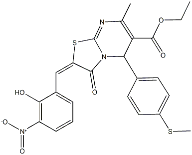 ethyl 2-{2-hydroxy-3-nitrobenzylidene}-7-methyl-5-[4-(methylsulfanyl)phenyl]-3-oxo-2,3-dihydro-5H-[1,3]thiazolo[3,2-a]pyrimidine-6-carboxylate Struktur