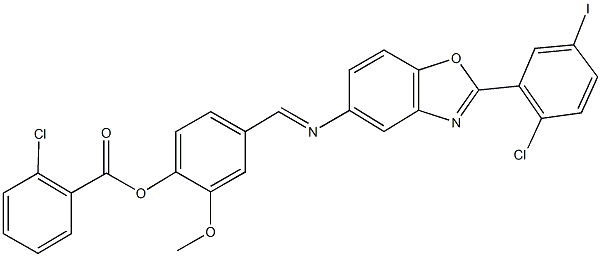 4-({[2-(2-chloro-5-iodophenyl)-1,3-benzoxazol-5-yl]imino}methyl)-2-methoxyphenyl 2-chlorobenzoate Struktur