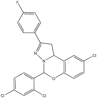 9-chloro-5-(2,4-dichlorophenyl)-2-(4-fluorophenyl)-1,10b-dihydropyrazolo[1,5-c][1,3]benzoxazine Struktur