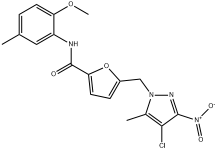 5-({4-chloro-3-nitro-5-methyl-1H-pyrazol-1-yl}methyl)-N-(2-methoxy-5-methylphenyl)-2-furamide Struktur