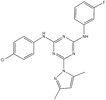 N~2~-(4-chlorophenyl)-6-(3,5-dimethyl-1H-pyrazol-1-yl)-N~4~-(3-fluorophenyl)-1,3,5-triazine-2,4-diamine Struktur