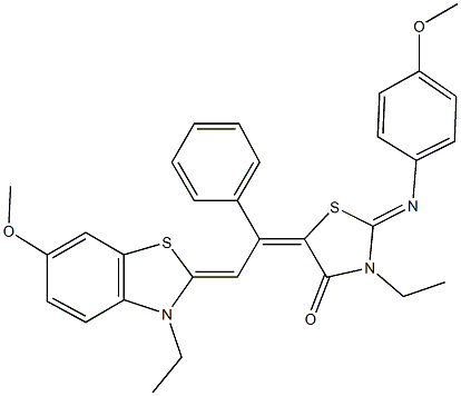 3-ethyl-5-[2-(3-ethyl-6-methoxy-1,3-benzothiazol-2(3H)-ylidene)-1-phenylethylidene]-2-[(4-methoxyphenyl)imino]-1,3-thiazolidin-4-one Struktur