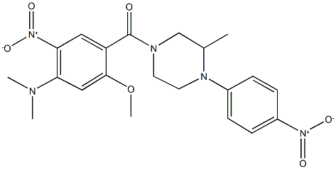 4-{4-(dimethylamino)-5-nitro-2-methoxybenzoyl}-1-{4-nitrophenyl}-2-methylpiperazine Struktur