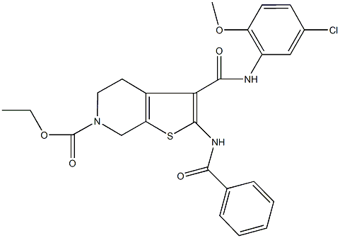 ethyl 2-(benzoylamino)-3-[(5-chloro-2-methoxyanilino)carbonyl]-4,7-dihydrothieno[2,3-c]pyridine-6(5H)-carboxylate Struktur