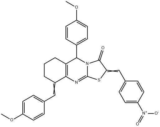 2-{4-nitrobenzylidene}-9-(4-methoxybenzylidene)-5-(4-methoxyphenyl)-6,7,8,9-tetrahydro-5H-[1,3]thiazolo[2,3-b]quinazolin-3(2H)-one Struktur