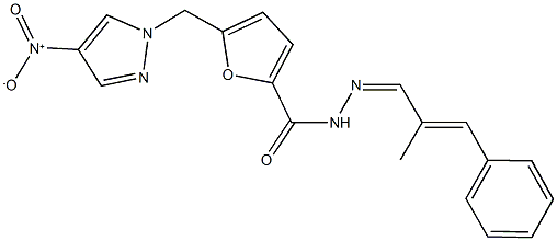 5-({4-nitro-1H-pyrazol-1-yl}methyl)-N'-(2-methyl-3-phenyl-2-propenylidene)-2-furohydrazide Struktur