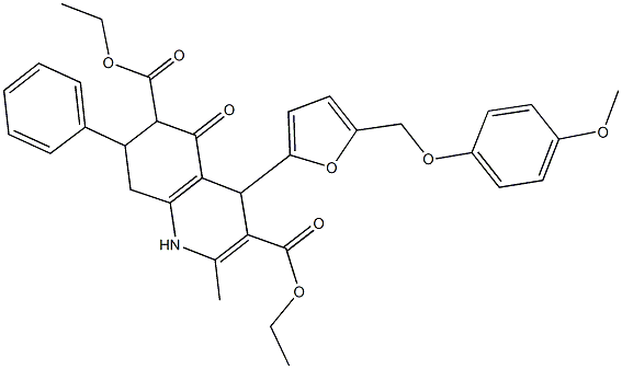 diethyl 4-{5-[(4-methoxyphenoxy)methyl]-2-furyl}-2-methyl-5-oxo-7-phenyl-1,4,5,6,7,8-hexahydro-3,6-quinolinedicarboxylate Struktur