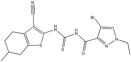 N-[(4-bromo-1-ethyl-1H-pyrazol-3-yl)carbonyl]-N'-(3-cyano-6-methyl-4,5,6,7-tetrahydro-1-benzothien-2-yl)thiourea Struktur