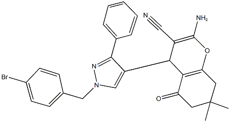 2-amino-4-[1-(4-bromobenzyl)-3-phenyl-1H-pyrazol-4-yl]-7,7-dimethyl-5-oxo-5,6,7,8-tetrahydro-4H-chromene-3-carbonitrile Struktur