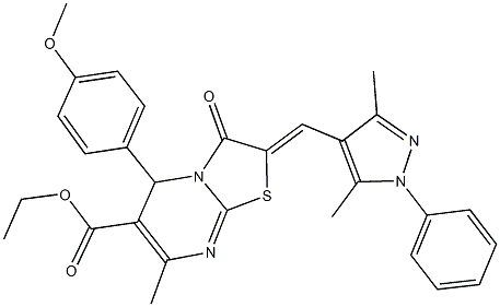 ethyl 2-[(3,5-dimethyl-1-phenyl-1H-pyrazol-4-yl)methylene]-5-(4-methoxyphenyl)-7-methyl-3-oxo-2,3-dihydro-5H-[1,3]thiazolo[3,2-a]pyrimidine-6-carboxylate Struktur