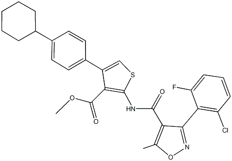 methyl 2-({[3-(2-chloro-6-fluorophenyl)-5-methylisoxazol-4-yl]carbonyl}amino)-4-(4-cyclohexylphenyl)thiophene-3-carboxylate Struktur