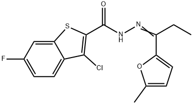 3-chloro-6-fluoro-N'-[1-(5-methyl-2-furyl)propylidene]-1-benzothiophene-2-carbohydrazide Struktur