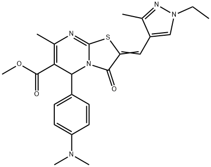 methyl 5-[4-(dimethylamino)phenyl]-2-[(1-ethyl-3-methyl-1H-pyrazol-4-yl)methylene]-7-methyl-3-oxo-2,3-dihydro-5H-[1,3]thiazolo[3,2-a]pyrimidine-6-carboxylate Struktur