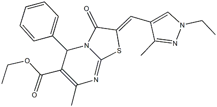 ethyl 2-[(1-ethyl-3-methyl-1H-pyrazol-4-yl)methylene]-7-methyl-3-oxo-5-phenyl-2,3-dihydro-5H-[1,3]thiazolo[3,2-a]pyrimidine-6-carboxylate Struktur