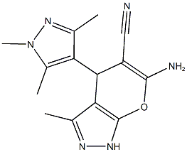 6-amino-3-methyl-4-(1,3,5-trimethyl-1H-pyrazol-4-yl)-1,4-dihydropyrano[2,3-c]pyrazole-5-carbonitrile Struktur