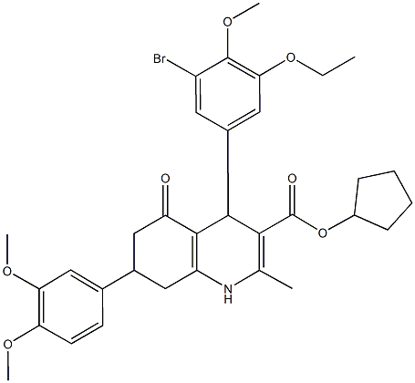 cyclopentyl 4-(3-bromo-5-ethoxy-4-methoxyphenyl)-7-(3,4-dimethoxyphenyl)-2-methyl-5-oxo-1,4,5,6,7,8-hexahydro-3-quinolinecarboxylate Struktur