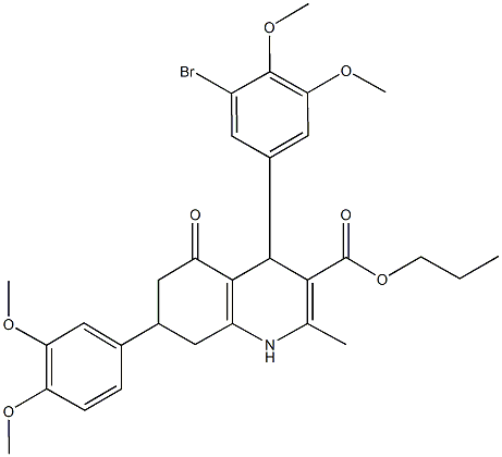 propyl 4-(3-bromo-4,5-dimethoxyphenyl)-7-(3,4-dimethoxyphenyl)-2-methyl-5-oxo-1,4,5,6,7,8-hexahydro-3-quinolinecarboxylate Struktur