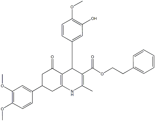 2-phenylethyl 7-(3,4-dimethoxyphenyl)-4-(3-hydroxy-4-methoxyphenyl)-2-methyl-5-oxo-1,4,5,6,7,8-hexahydro-3-quinolinecarboxylate Struktur