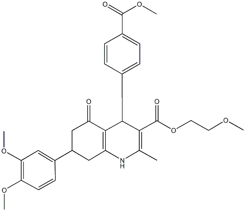 2-methoxyethyl 7-(3,4-dimethoxyphenyl)-4-[4-(methoxycarbonyl)phenyl]-2-methyl-5-oxo-1,4,5,6,7,8-hexahydro-3-quinolinecarboxylate Struktur