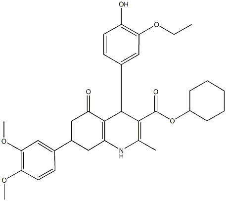 cyclohexyl 7-(3,4-dimethoxyphenyl)-4-(3-ethoxy-4-hydroxyphenyl)-2-methyl-5-oxo-1,4,5,6,7,8-hexahydro-3-quinolinecarboxylate Struktur