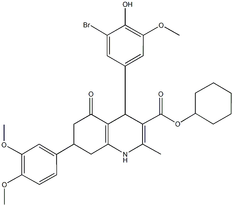 cyclohexyl 4-(3-bromo-4-hydroxy-5-methoxyphenyl)-7-(3,4-dimethoxyphenyl)-2-methyl-5-oxo-1,4,5,6,7,8-hexahydro-3-quinolinecarboxylate Struktur