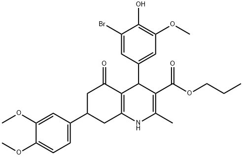 propyl 4-(3-bromo-4-hydroxy-5-methoxyphenyl)-7-(3,4-dimethoxyphenyl)-2-methyl-5-oxo-1,4,5,6,7,8-hexahydro-3-quinolinecarboxylate Struktur