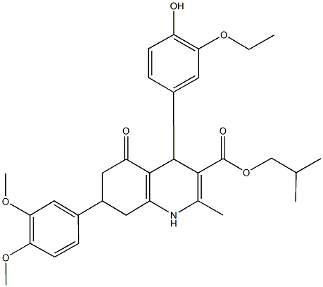 isobutyl 7-(3,4-dimethoxyphenyl)-4-(3-ethoxy-4-hydroxyphenyl)-2-methyl-5-oxo-1,4,5,6,7,8-hexahydro-3-quinolinecarboxylate Struktur