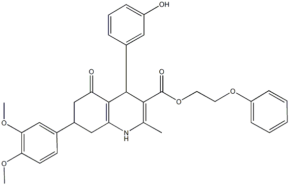 2-phenoxyethyl 7-(3,4-dimethoxyphenyl)-4-(3-hydroxyphenyl)-2-methyl-5-oxo-1,4,5,6,7,8-hexahydro-3-quinolinecarboxylate Struktur