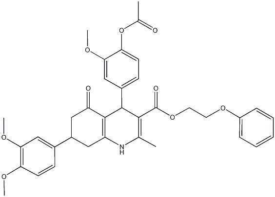 2-phenoxyethyl 4-[4-(acetyloxy)-3-methoxyphenyl]-7-(3,4-dimethoxyphenyl)-2-methyl-5-oxo-1,4,5,6,7,8-hexahydro-3-quinolinecarboxylate Struktur