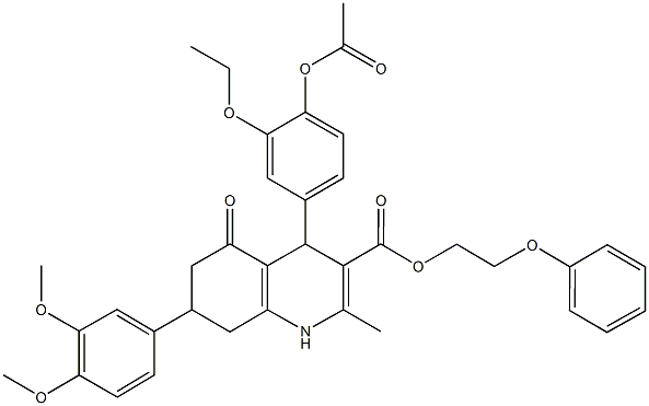 2-phenoxyethyl 4-[4-(acetyloxy)-3-ethoxyphenyl]-7-(3,4-dimethoxyphenyl)-2-methyl-5-oxo-1,4,5,6,7,8-hexahydro-3-quinolinecarboxylate Struktur