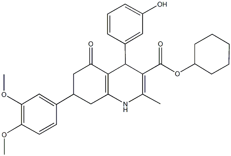 cyclohexyl 7-(3,4-dimethoxyphenyl)-4-(3-hydroxyphenyl)-2-methyl-5-oxo-1,4,5,6,7,8-hexahydro-3-quinolinecarboxylate Struktur