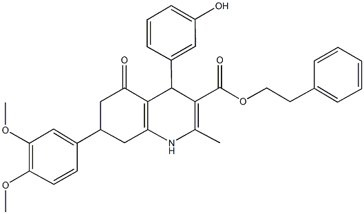 2-phenylethyl 7-(3,4-dimethoxyphenyl)-4-(3-hydroxyphenyl)-2-methyl-5-oxo-1,4,5,6,7,8-hexahydro-3-quinolinecarboxylate Struktur