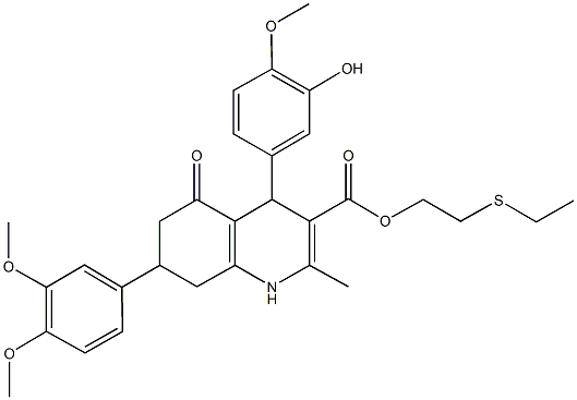 2-(ethylsulfanyl)ethyl 7-(3,4-dimethoxyphenyl)-4-(3-hydroxy-4-methoxyphenyl)-2-methyl-5-oxo-1,4,5,6,7,8-hexahydro-3-quinolinecarboxylate Struktur