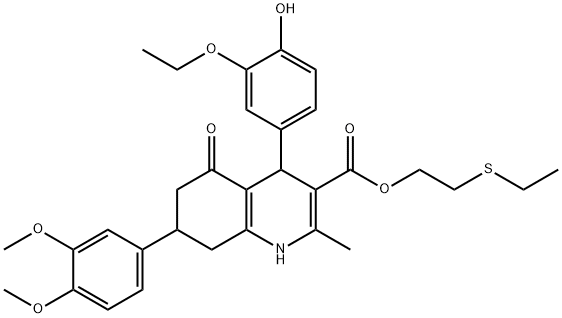 2-(ethylsulfanyl)ethyl 7-(3,4-dimethoxyphenyl)-4-(3-ethoxy-4-hydroxyphenyl)-2-methyl-5-oxo-1,4,5,6,7,8-hexahydro-3-quinolinecarboxylate Struktur