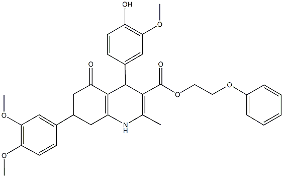 2-phenoxyethyl 7-(3,4-dimethoxyphenyl)-4-(4-hydroxy-3-methoxyphenyl)-2-methyl-5-oxo-1,4,5,6,7,8-hexahydro-3-quinolinecarboxylate Struktur