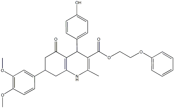 2-phenoxyethyl 7-(3,4-dimethoxyphenyl)-4-(4-hydroxyphenyl)-2-methyl-5-oxo-1,4,5,6,7,8-hexahydro-3-quinolinecarboxylate Struktur