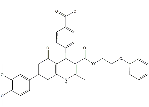 2-phenoxyethyl 7-(3,4-dimethoxyphenyl)-4-[4-(methoxycarbonyl)phenyl]-2-methyl-5-oxo-1,4,5,6,7,8-hexahydro-3-quinolinecarboxylate Struktur