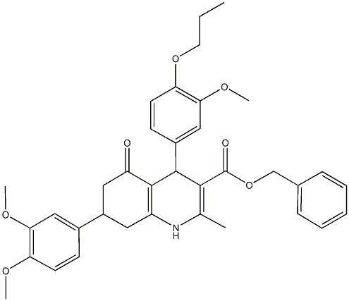 benzyl 7-(3,4-dimethoxyphenyl)-4-(3-methoxy-4-propoxyphenyl)-2-methyl-5-oxo-1,4,5,6,7,8-hexahydro-3-quinolinecarboxylate Struktur