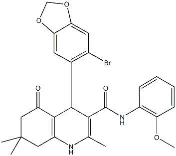 4-(6-bromo-1,3-benzodioxol-5-yl)-N-(2-methoxyphenyl)-2,7,7-trimethyl-5-oxo-1,4,5,6,7,8-hexahydro-3-quinolinecarboxamide Struktur