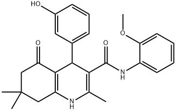 4-(3-hydroxyphenyl)-N-(2-methoxyphenyl)-2,7,7-trimethyl-5-oxo-1,4,5,6,7,8-hexahydro-3-quinolinecarboxamide Struktur