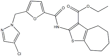 ethyl 2-({5-[(4-chloro-1H-pyrazol-1-yl)methyl]-2-furoyl}amino)-5,6,7,8-tetrahydro-4H-cyclohepta[b]thiophene-3-carboxylate Struktur