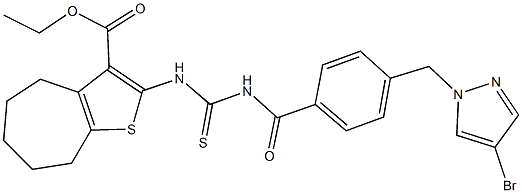 ethyl 2-{[({4-[(4-bromo-1H-pyrazol-1-yl)methyl]benzoyl}amino)carbothioyl]amino}-5,6,7,8-tetrahydro-4H-cyclohepta[b]thiophene-3-carboxylate Struktur