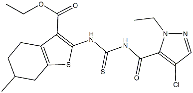 ethyl 2-[({[(4-chloro-1-ethyl-1H-pyrazol-5-yl)carbonyl]amino}carbothioyl)amino]-6-methyl-4,5,6,7-tetrahydro-1-benzothiophene-3-carboxylate Struktur