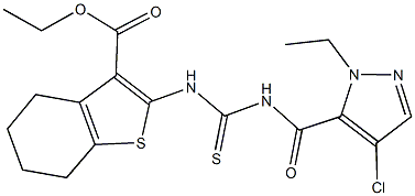 ethyl 2-[({[(4-chloro-1-ethyl-1H-pyrazol-5-yl)carbonyl]amino}carbothioyl)amino]-4,5,6,7-tetrahydro-1-benzothiophene-3-carboxylate Struktur