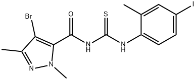 N-[(4-bromo-1,3-dimethyl-1H-pyrazol-5-yl)carbonyl]-N'-(4-iodo-2-methylphenyl)thiourea Struktur