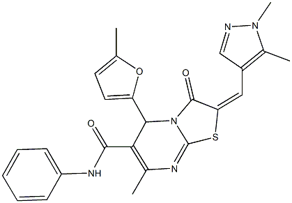 2-[(1,5-dimethyl-1H-pyrazol-4-yl)methylene]-7-methyl-5-(5-methyl-2-furyl)-3-oxo-N-phenyl-2,3-dihydro-5H-[1,3]thiazolo[3,2-a]pyrimidine-6-carboxamide Struktur